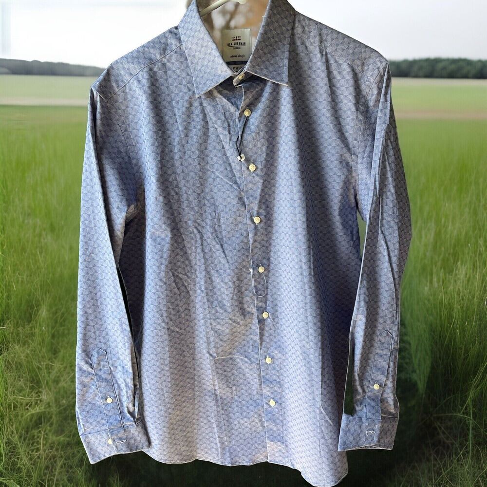 Ben Sherman Dress Shirt Mens Medium 15-15.5 32/33 Blue Button-Up Slim Stretch